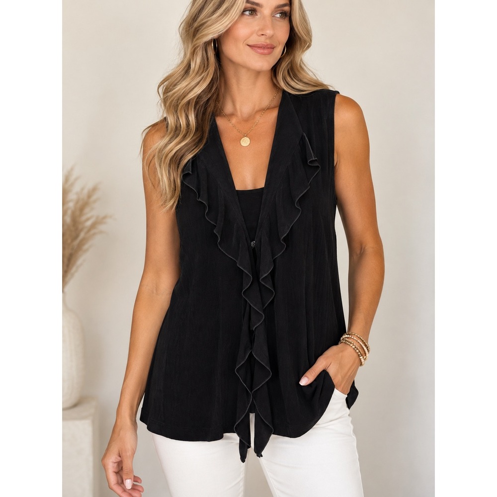 Chico's Travelers Black Ruffle Vest Top Size 2 or 12 L Made in USA Slinky Y2K